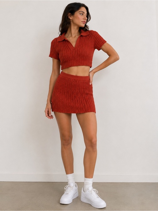 Venroy Dresses & Skirts - Venroy Terracotta Size M Cotton Crochet Polo and Miniskirt Set